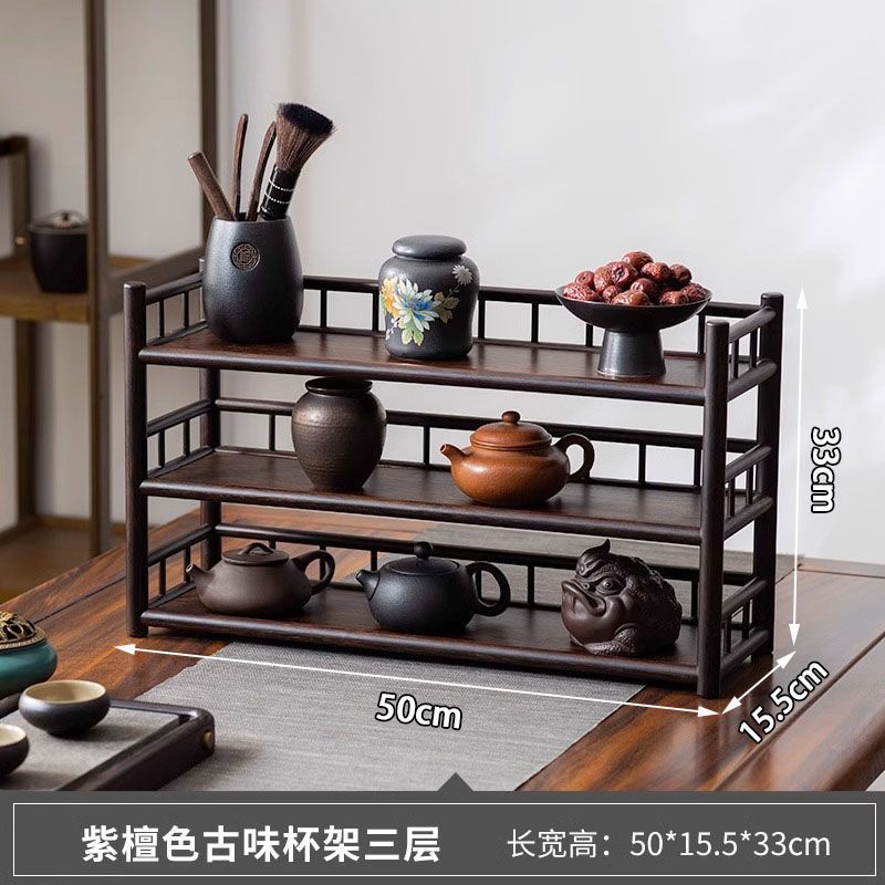 桌面置物架三层茶壶茶杯架紫砂壶茶具收纳架竹制茶棚置物架博古架|undefined