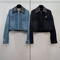 高級ヘビーデューティジッパーデニムジャケットレディース胸ポケット三角ロゴ本革ラペルショートジャケットトップ