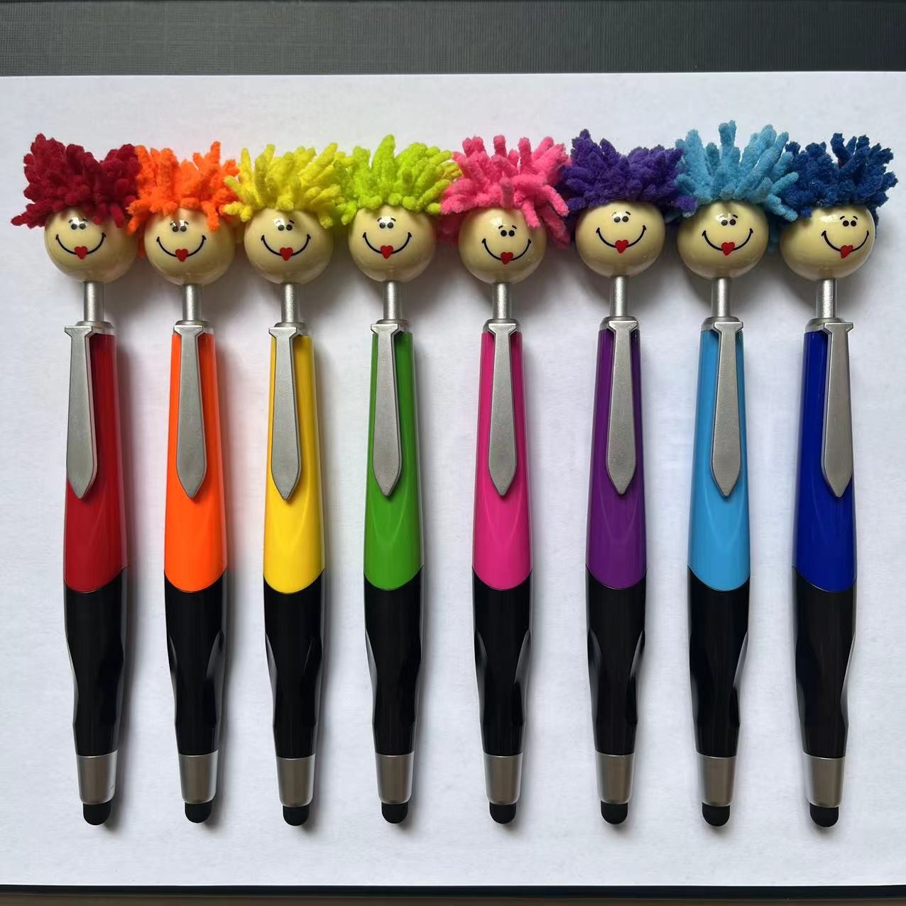 娃娃头毛绒卡通笔人偶表情笑脸按动触屏笔清洁拖把头圆珠笔礼品笔