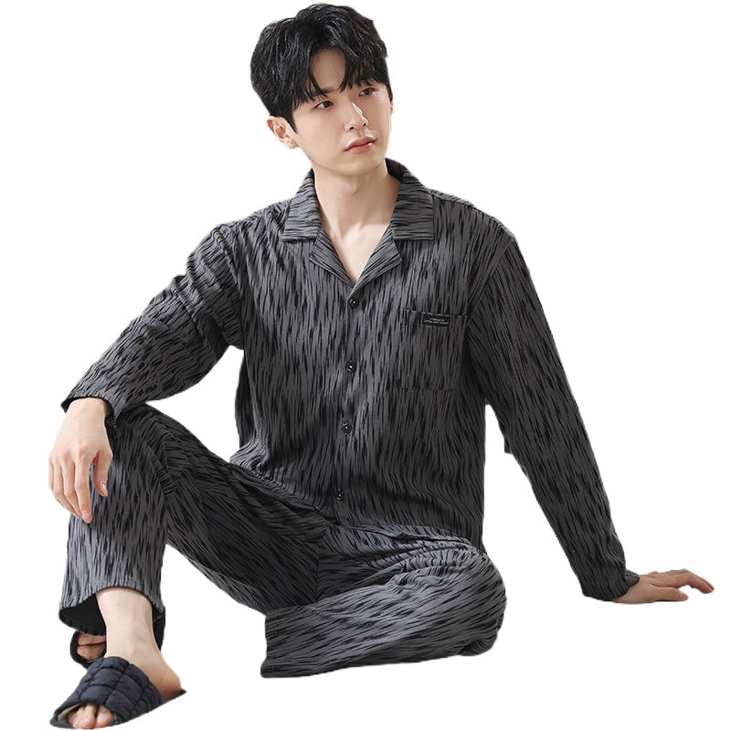 2025 남성 봄, 가을 면 잠옷 카디건 긴팔 바지 정장 루즈한 플러스 사이즈 집 밖에서도 입을 수 있습니다