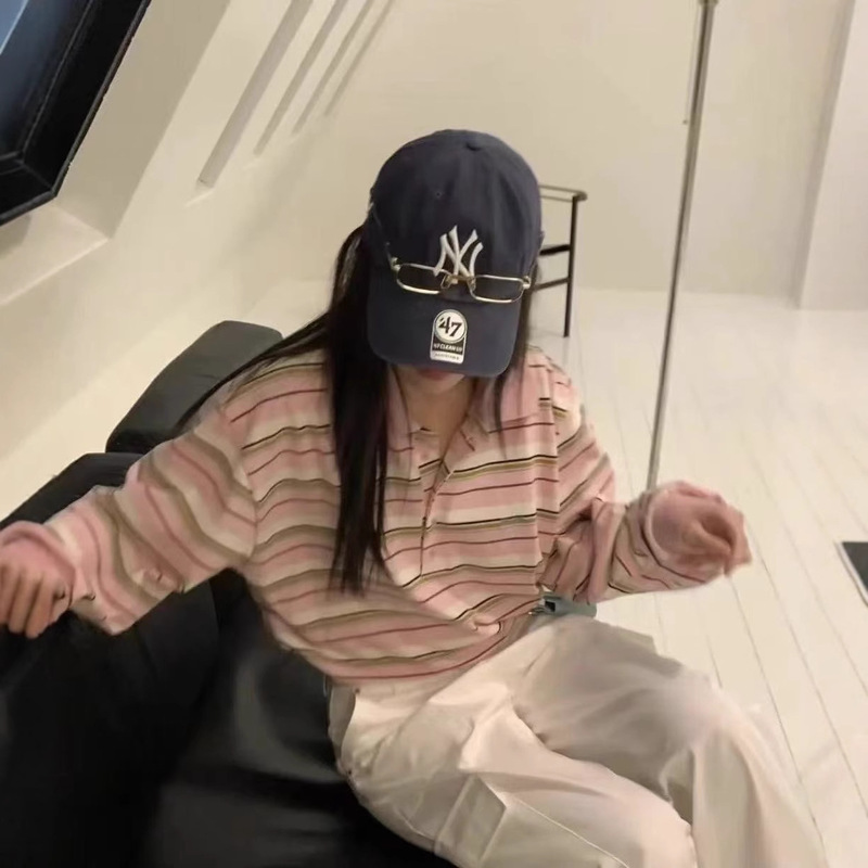 韩国小众 25秋季新款 复古拼色条纹polo领字母刺绣翻领长袖T恤女|undefined