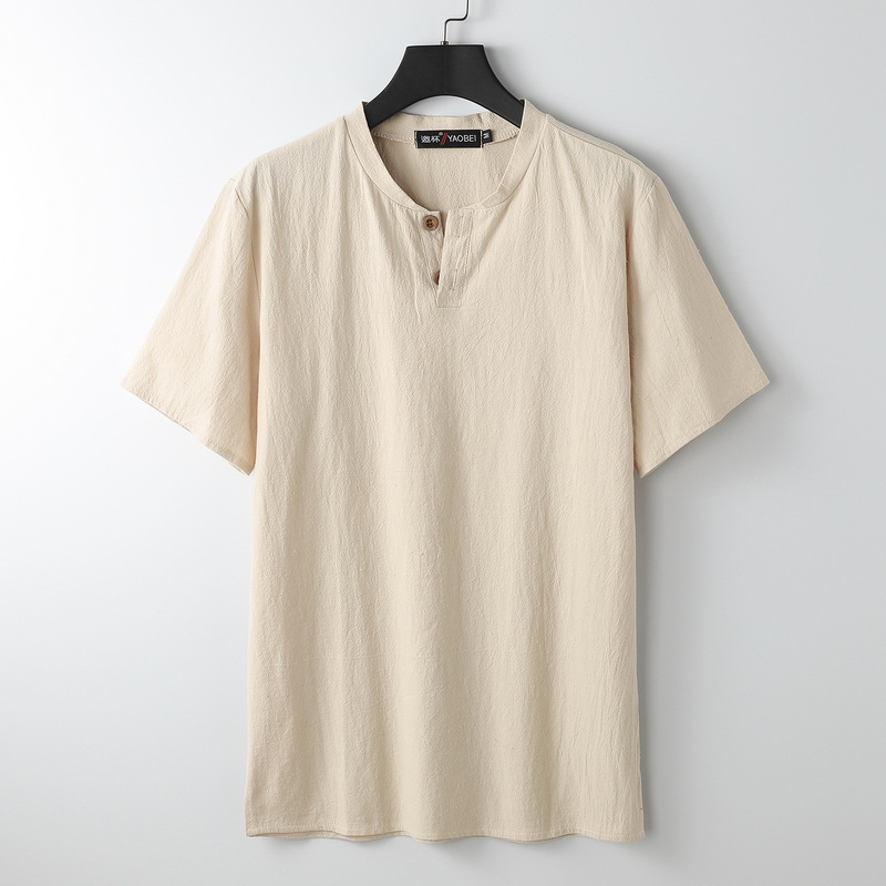 大きいサイズのメンズ中国風スリットスタンドカラー半袖ファットコットンとリネンの夏のTシャツルーズリネンVネック半袖|undefined