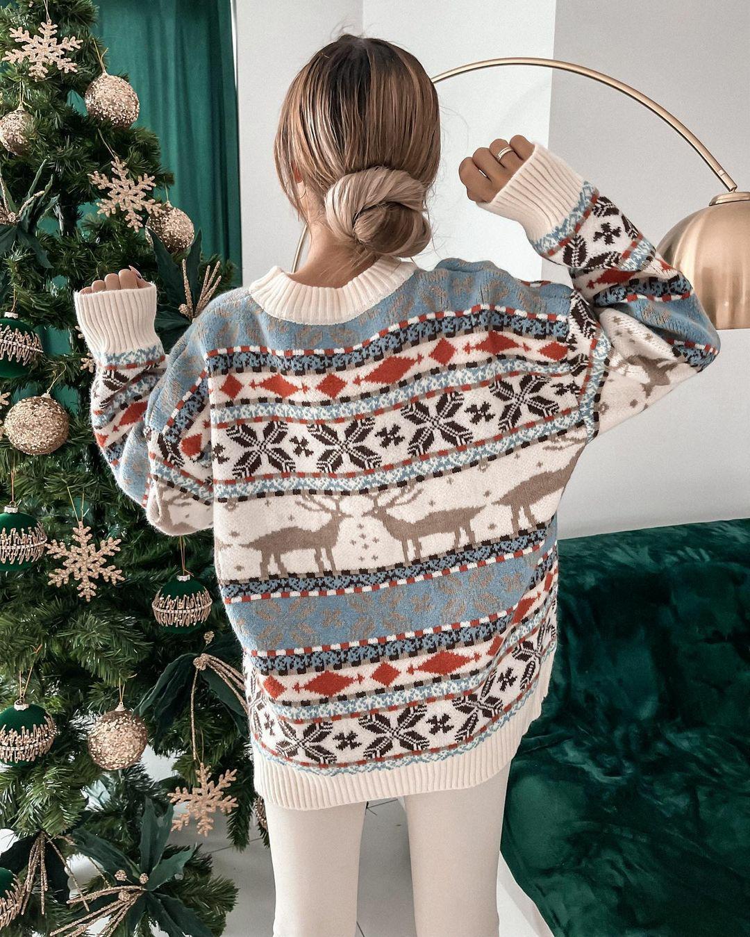 Jacquard Design Fashion Style Women'S Sweater Long Sleeve Sweaters & Cardigans Jacquard Fashion Elk