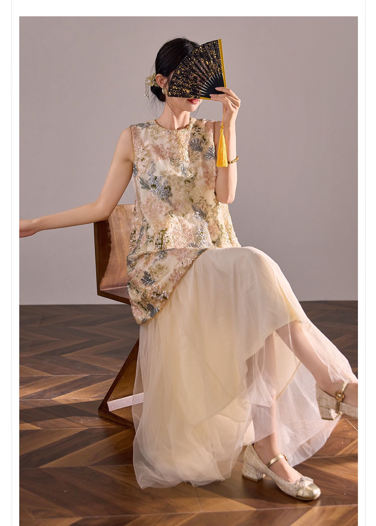 Đầm suông nữ midi tân cổ điển không tay, thêu đính cườm sequin, form chữ A — màu mơ chi tiết 7