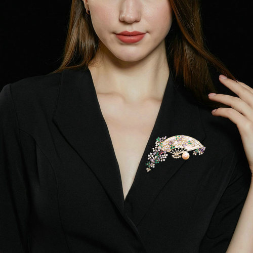 Elegant retro Chinese fan corsage coat cheongsam accessories set with zircon freshwater pearl fan brooch