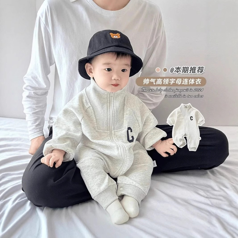 Spring and Autumn Baby Korean Style Zipper C-Label Long-Sleeved Jumpsuit for Male and Female Babies to Go Out and Crawl Jumpsuit Trendy