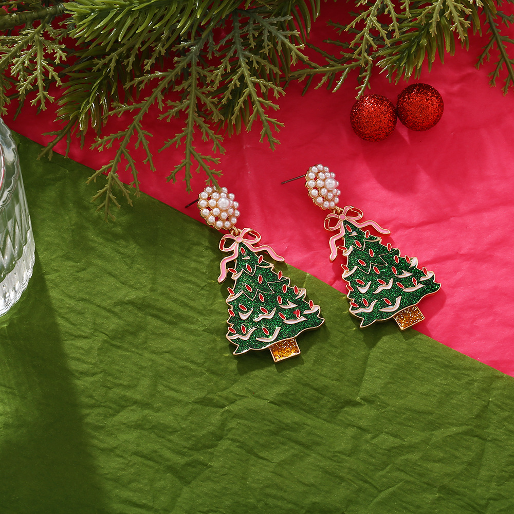 Daily, Festival Occasion Alloy Material Christmas Festival 1 Pair Casual Sweet Christmas Tree Bow Knot Alloy Artificial Pearls Drop Earrings