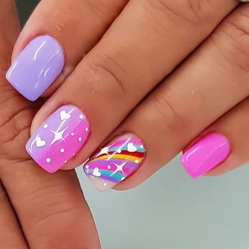 Cross-border Foreign Trade Nail Nail Pieces Rainbow Love Pink Purple Gradient Square Wear Nail Pieces Short Nail Pieces