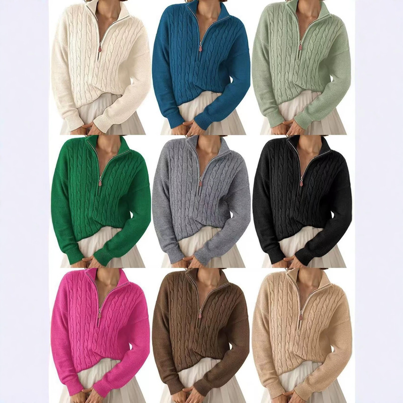 Cross-border Amazon women's short-sleeve sweater 2026 autumn and winter half-high collar zippered ribbed cable knit pullover loose fit