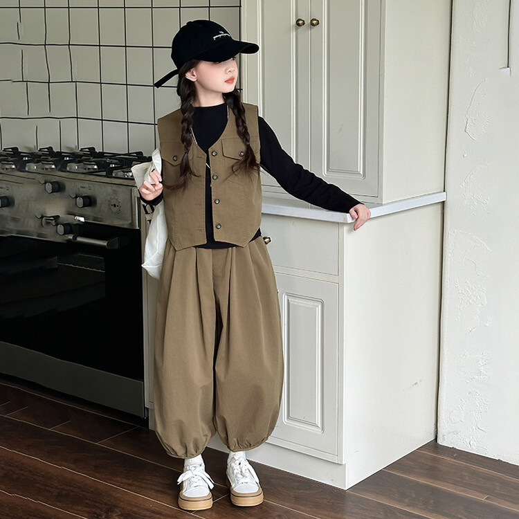 여자 옷 가을 어린이 캐주얼 세트 빈티지 세트 조끼 보토밍 셔츠 블러머 3 피스 세트