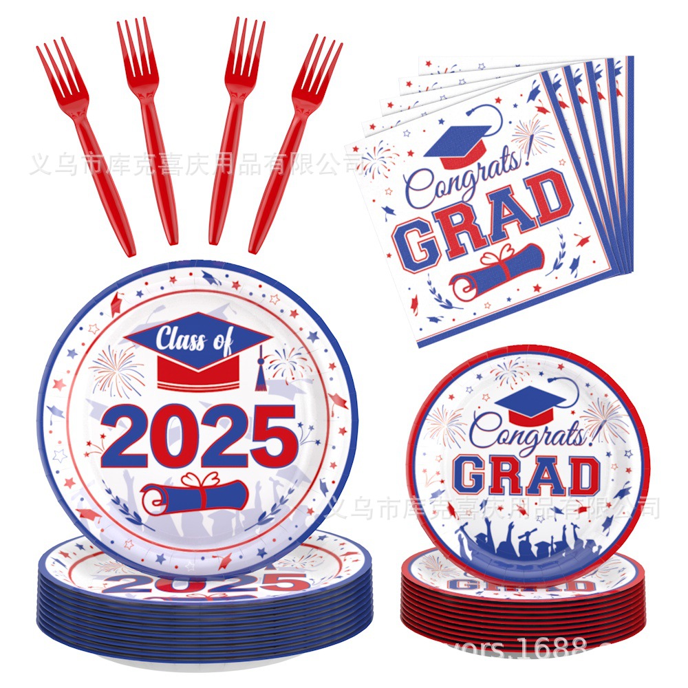 2025 temporada de graduación roja y azul fiesta decoración de la fiesta de graduación bandeja de papel desechable tazas de papel toallas de papel cubiertos