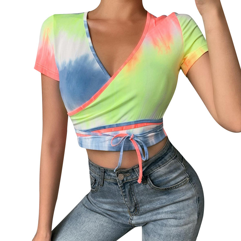 women new products fashion tie-dye all-match short-sleeved tie crop top T-shirt women