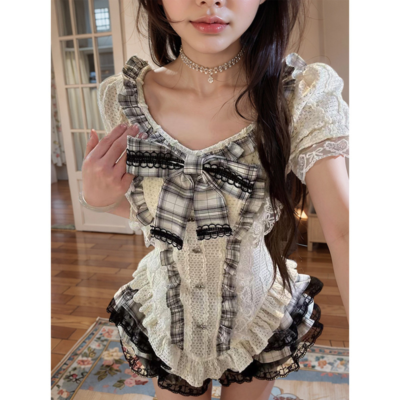 幕夜蔷薇 蕾丝收腰短袖上衣格纹蕾丝短裤裙套装甜辣小众设计感女|undefined