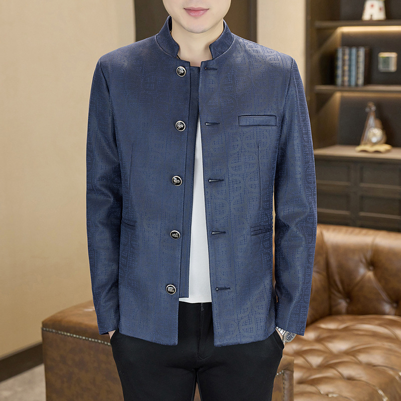 Men's ethnic style stand-up collar jacket, May Fourth Movement youth style, shiny Zhongshan suit, casual stand-up collar blazer, Chinese style top