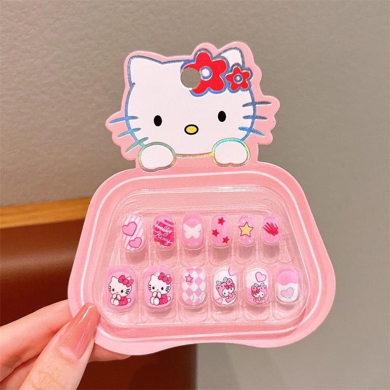Uñas postizas Kuromi para niños en caja, lindas pegatinas de uñas removibles para niñas, pegatinas de uñas exquisitas de dibujos animados.