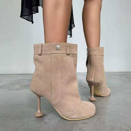 外贸定制2025年秋季新款细跟高跟皮带扣圆头一脚蹬