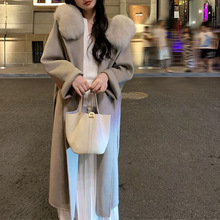 100羊毛白色狐狸毛领连帽双面呢外套女系带羊绒毛呢大衣