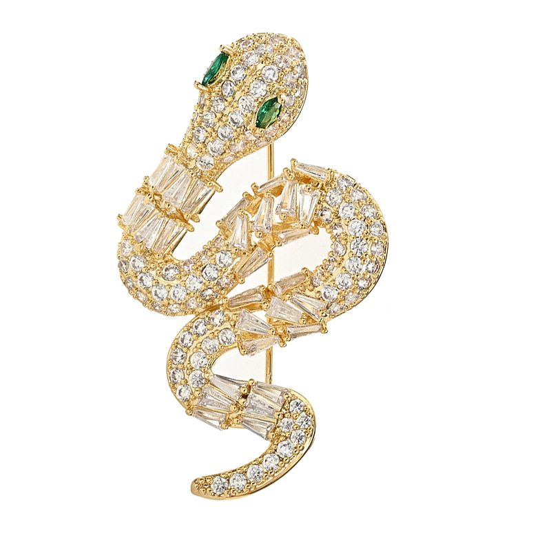 Broche de serpiente de año natal de circón de galvanoplastia de oro real para mujer, ramillete anti-luz de alta calidad, exquisito broche de lujo ligero al por mayor