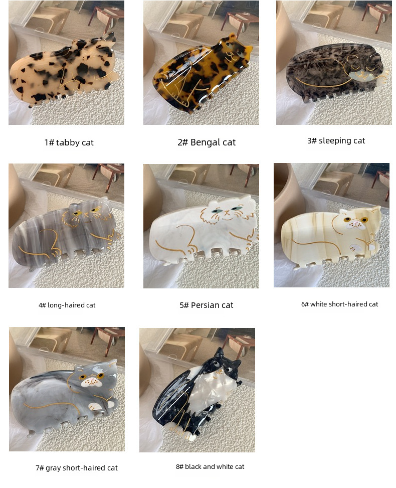 French niche acetate hairpin cute cat series hair grip short-haired cat Persian cat grip shark clip 2023 New
