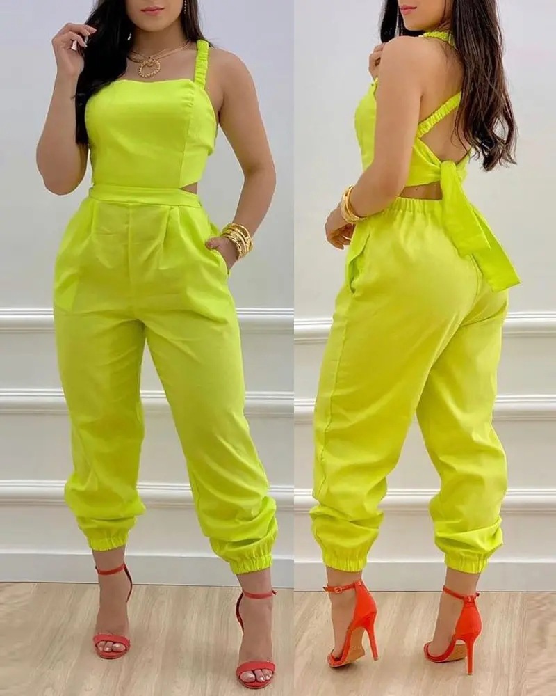 Spring/Summer Women's Suspender Backless Bow Print High Waist Jumpsuit