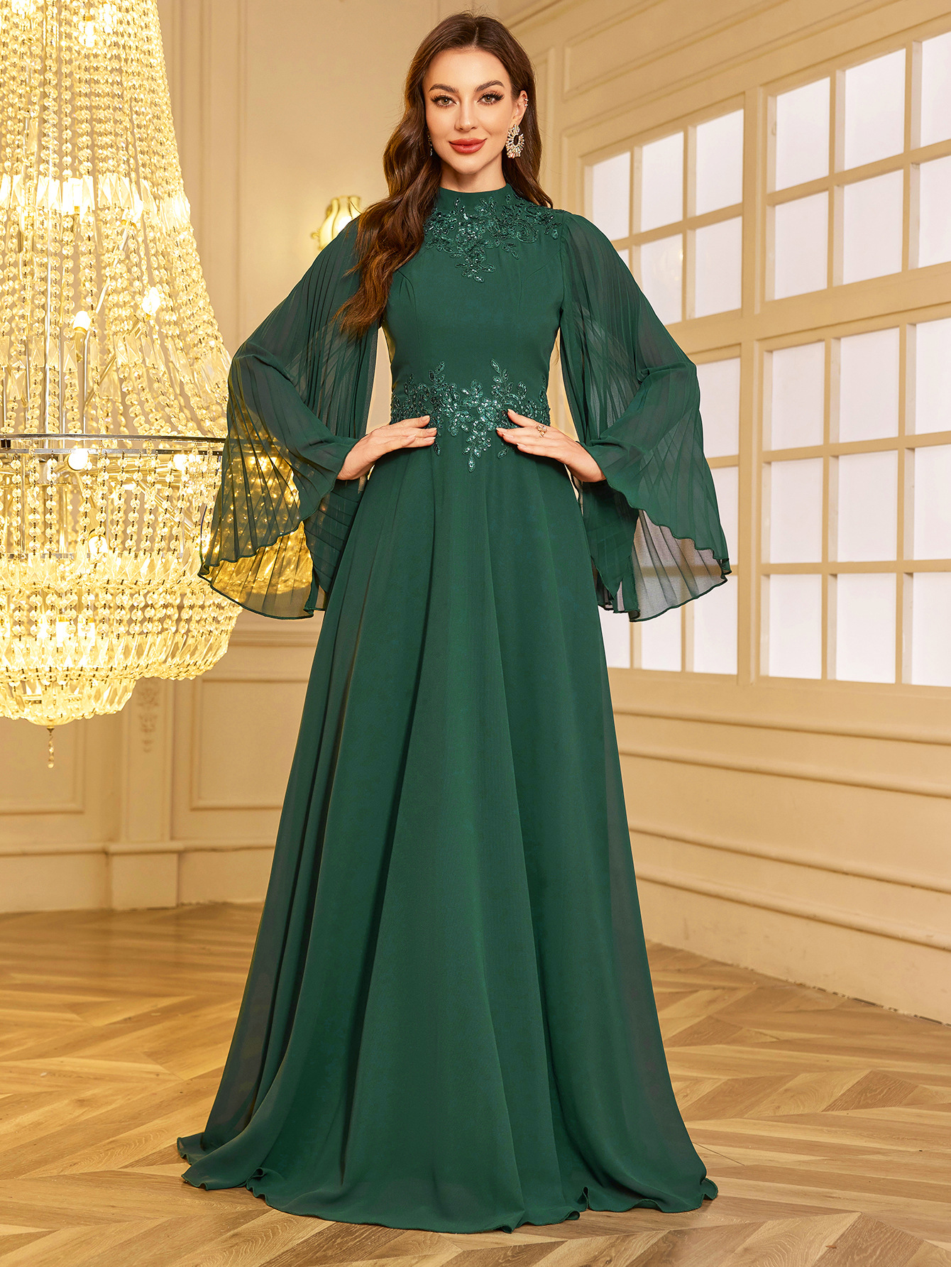 Women's Round-Neck Pleated Long-Sleeve Dress with Waist-Cinching Design, Slimming Effect, Light Luxury Beaded Embroidery, Elegant Evening Gown