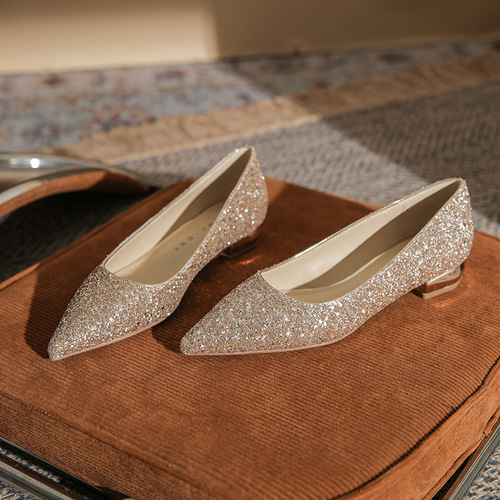 2213 Pointed toe flat shoes for women 2024 new low heel silver crystal wedding shoes shallow mouth not tiring feet thick heel single shoes