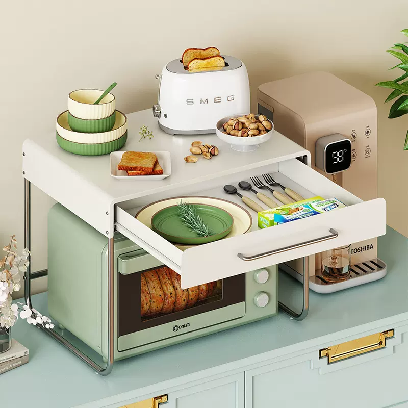 带抽屉微波炉置物架厨房免打孔餐具调味品收纳架简约轻奢风置物架