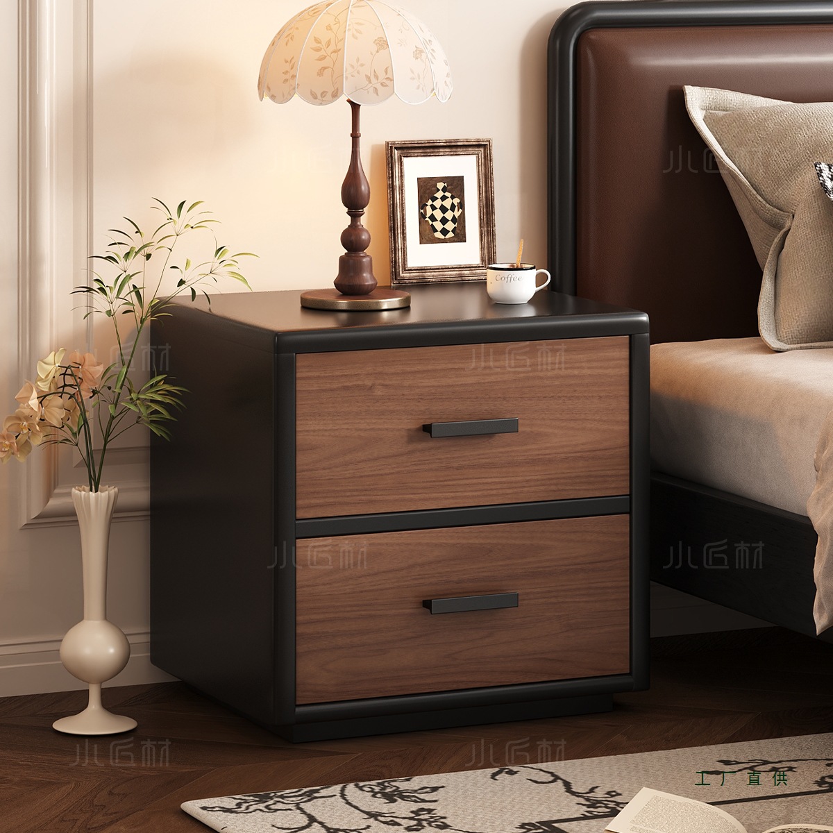 Todo el dormitorio de madera maciza mesilla de cabecera doméstica 2025 estilo antiguo negro pequeño y moderno simple gabinete de almacenamiento de la cama