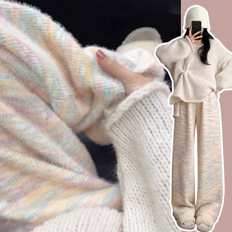 Pregnant Women's Pants fleece-lined Rainbow Glutinous Rice Pants Autumn and Winter Outer Wear Dosing Casual Pants Straight Soft Waxy Knitted Wide-leg Pants Winter