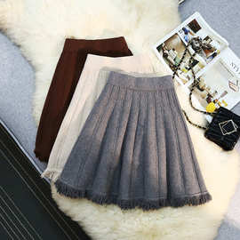 流苏针织半身裙女秋冬2025新款小个子高腰垂感a字百褶小清新短裙