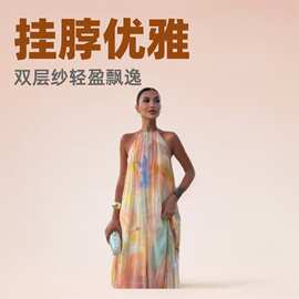 25欧美ins海边度假旅游多巴胺穿搭挂脖气质露肩双层纱宽松优雅