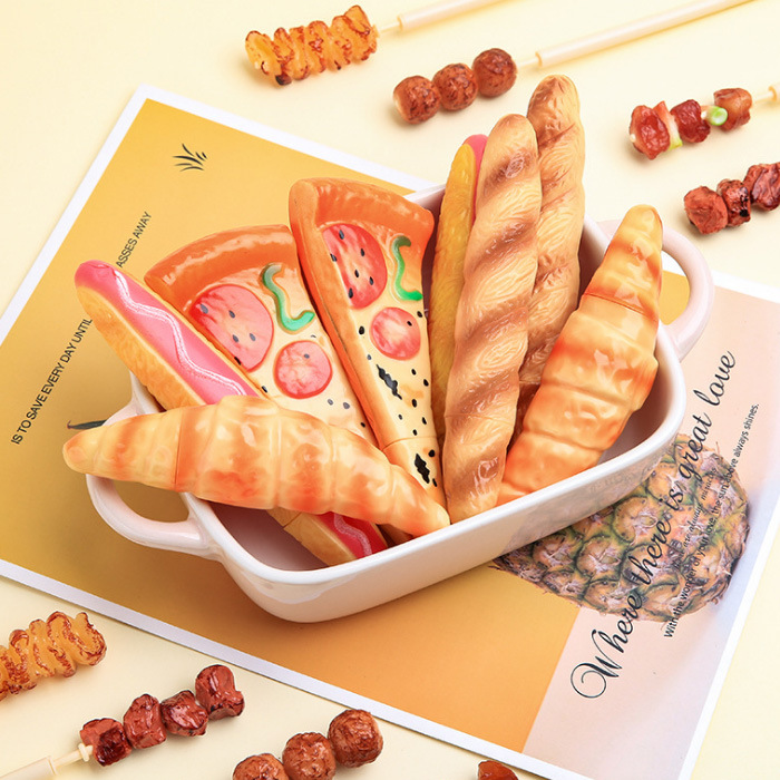 Creativo estudiante aprendizaje papelería simulación pizza bolígrafo negro recarga perro caliente pan pluma divertido papelería