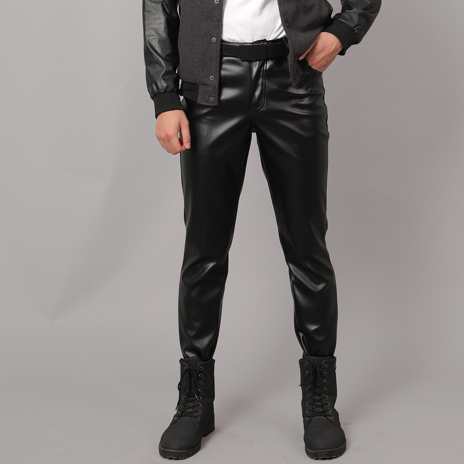 Spring and Autumn Korean Style Slim-Fit Leather Pants for Men, Skinny Stretch Trendy Biker Leather Pants with Fleece Lining