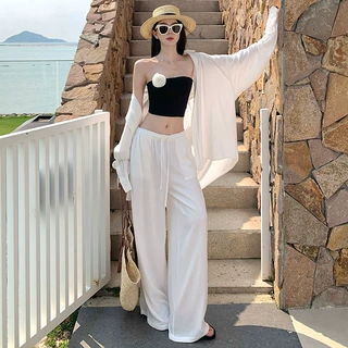 休闲套装白色衬衫外套内搭抹胸背心女夏季低腰阔腿裤拖地裤三件套