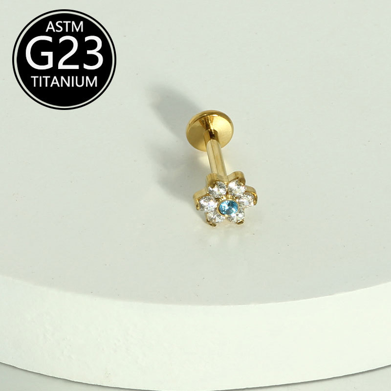 G23 Titanium Alloy Piercing Jewelry Zircon Inlaid Flower Lip Ring Chin Nail Cochlear Nail Ear Bone Nail detail image 7
