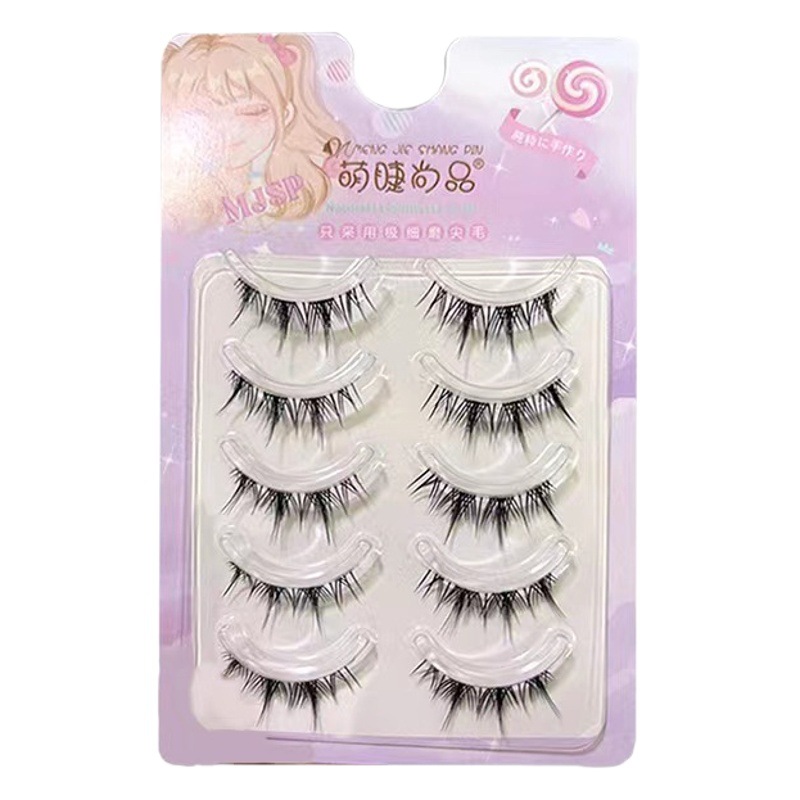 Linda pestaña moda borla de dibujos animados pestañas postizas cruz sentido del aire natural transparente tallo fino pestañas postizas cinco pares
