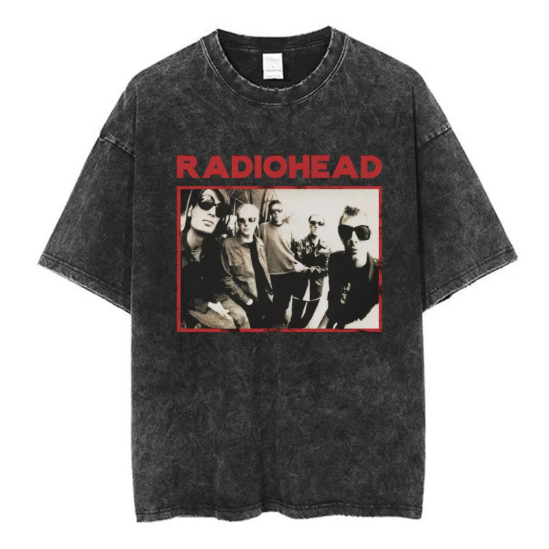 Rock Band Radiohead Curved Retro Washed T-Shirt Men Women Fashion Hip Hop T-Shirt Casual T-Shirt Street