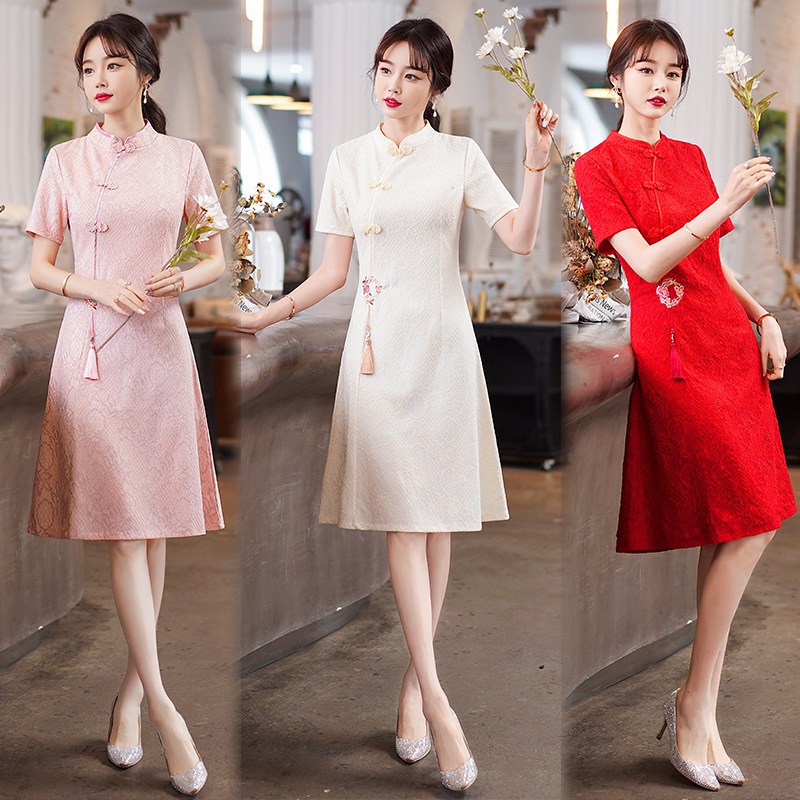 实拍2025年夏新款纯色改良旗袍敬酒服新娘礼服短袖红色订婚连衣裙
