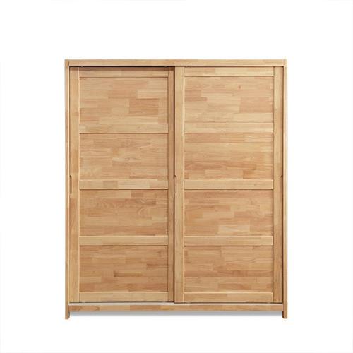 北欧实木推拉门衣柜橡胶木两门移门简易收纳衣柜卧室家具原木风格