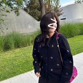 木子大码女装品质感刺绣胖秋冬优雅气质针织开衫