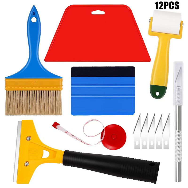 跨境12件套汽车刮板壁纸平滑工具套件带刮刀滚轮雕刻刀卷尺油灰刀