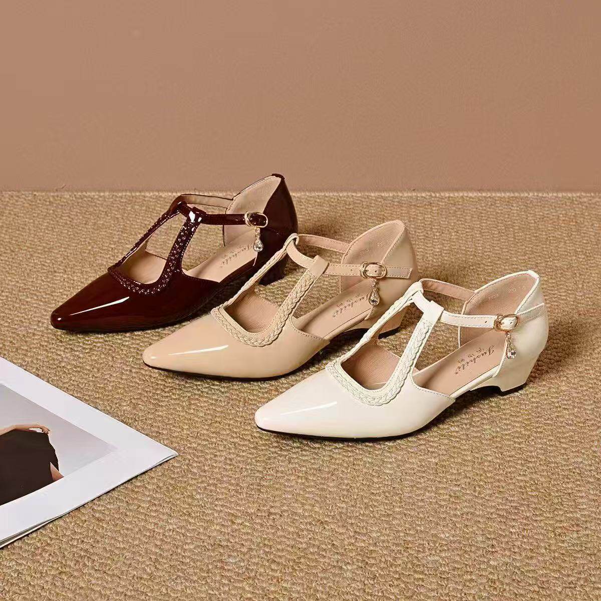 Sandal nữ mũi nhọn gót thấp da thật đế mềm hở mũi — màu be chi tiết 9