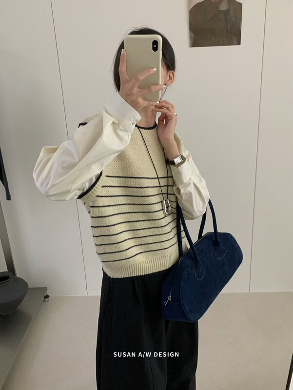 苏珊 韩系复古条纹假两件针织衫女2025秋冬季新款款式上衣27056|undefined