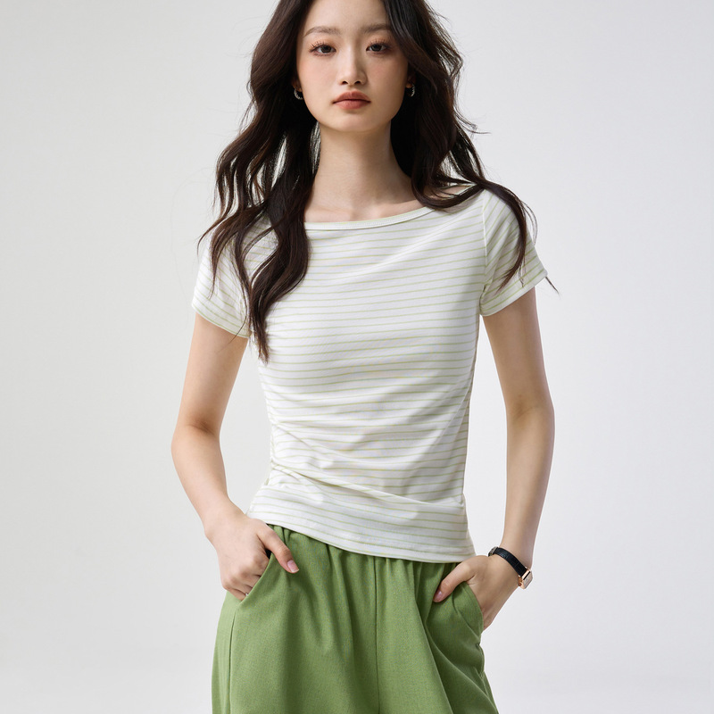 Tencel Lyocell Cotton Striped Off-Shoulder T-Shirt for Women, New Summer Style, French Lazy Chic Versatile Short-Sleeve Top Tencel Lyocell Cotton Striped Off-Shoulder T-Shirt for Women, New Summer Style, French Lazy Chic Versatile Short-Sleeve Top