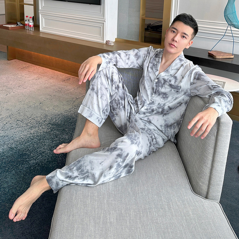 Virginia'sDreams Ice Silk Pajamas Men's Long Sleeve Trousers Splash Ink Printed Silk Satin Home Suit Virginia'sDreams Ice Silk Pajamas Men's Long Sleeve Trousers Splash Ink Printed Silk Satin Home Suit