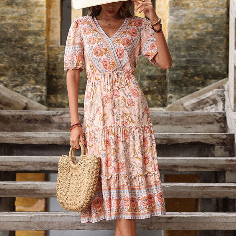 Amazon Cross Border Exclusively Supplies New European and American Vintage Women's Pink Wood Ear Print V-Neck Midi Dress