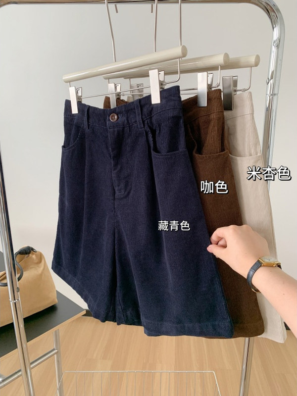 灯芯绒五分裤女春秋新款日系复古高腰宽松显瘦一粒扣休闲阔腿中裤|undefined