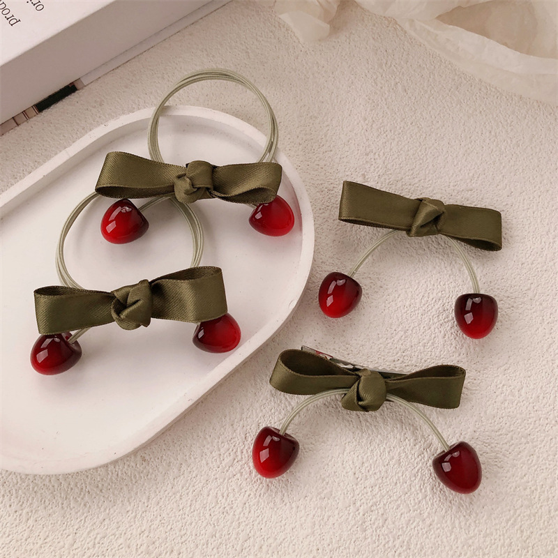 Nuevo anillo de cereza de fruta dulce chica atada cuerda de cabello arco de alta elasticidad correa de goma cabeza adornos para el cabello