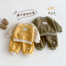 儿童时尚加绒套装0-5岁冬季男童卡通拼色卫衣宝宝贴标卫裤两件套
