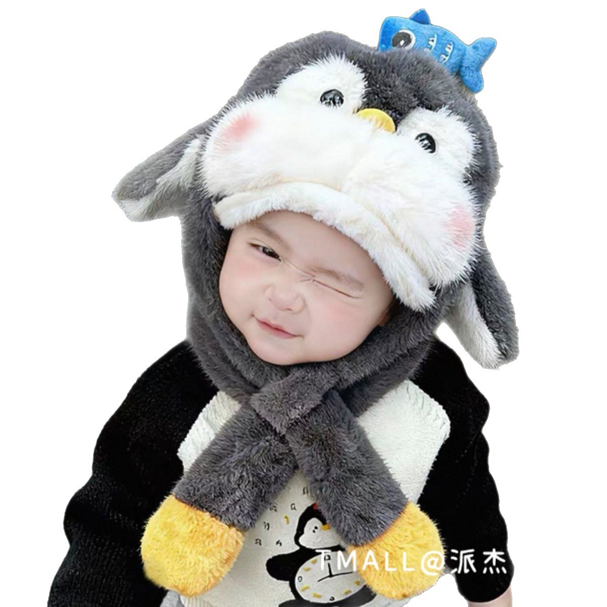 Bonito pingüino para niños sombrero de peluche bufandas de invierno para mujeres calentamiento cuello orejas se moverán gorras protectoras de orejas